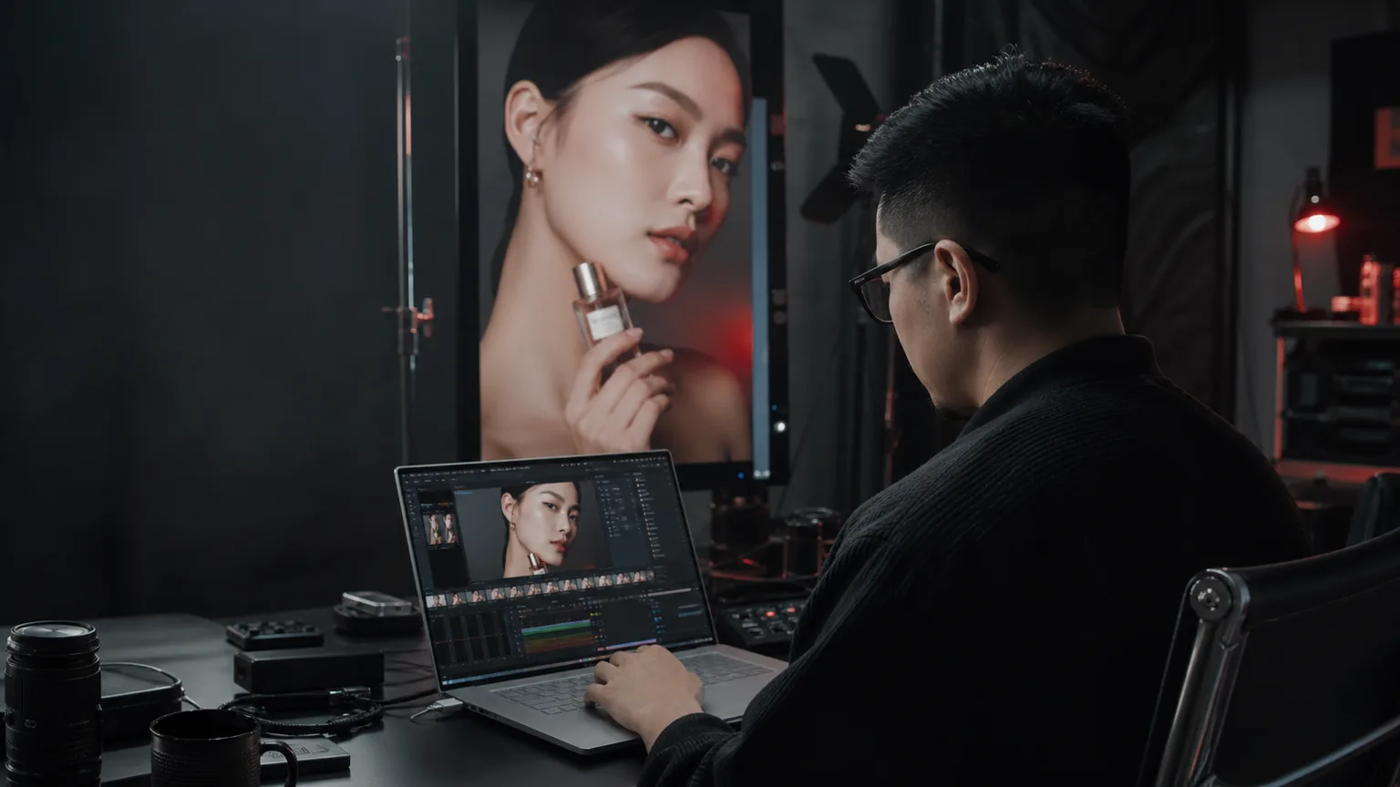 Người sáng tạo đang dựng một video quảng cáo mỹ phẩm trong studio